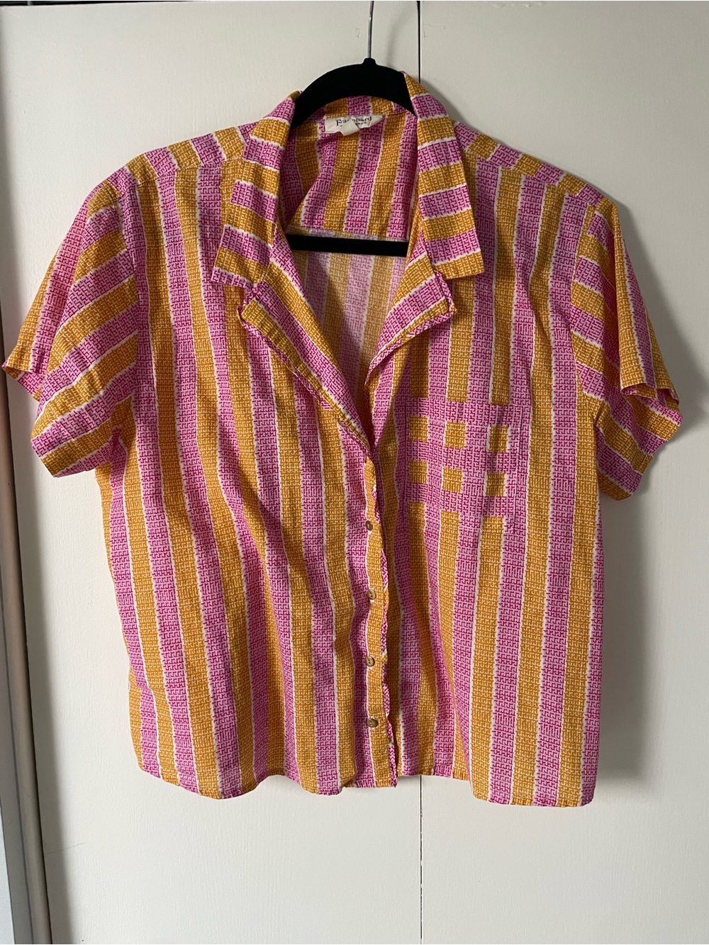 Button-Down Short Sleeve Shirt in Pink & Yellow Stripe